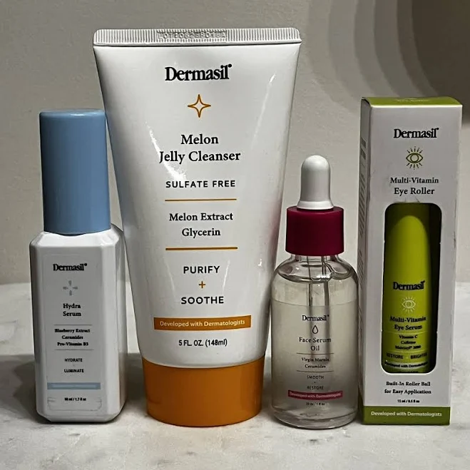 Dermasil 4pc Skincare Set: Jelly Cleanser, Face Oil, Serum, Eye Roller