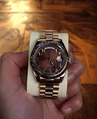 Custom Automatic Gold Tone Stainless Steel Watch Brown Dial Fluted ...